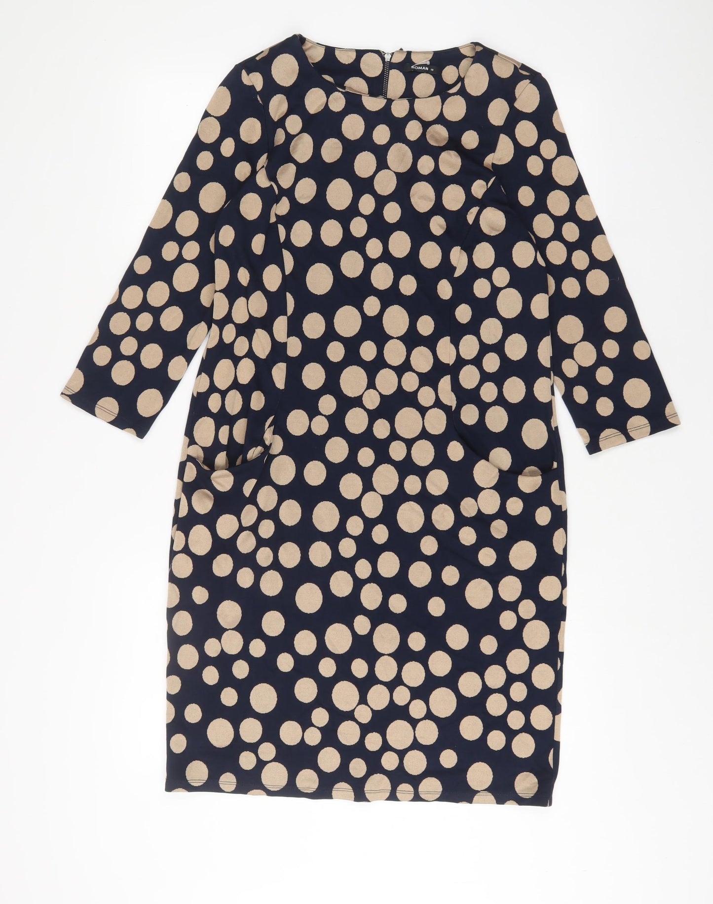 Roman Womens Blue Polka Dot Polyester Sheath Size 10 Boat Neck Zip