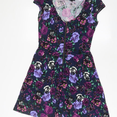 ASOS Womens Purple Floral Viscose A-Line Size 12 V-Neck Zip