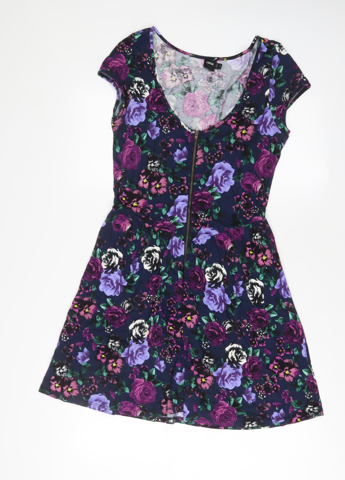 ASOS Womens Purple Floral Viscose A-Line Size 12 V-Neck Zip