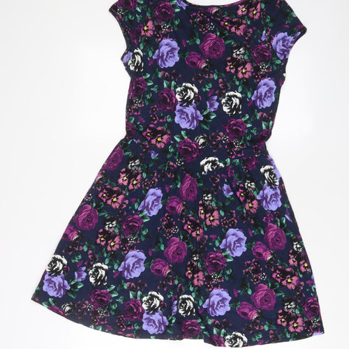 ASOS Womens Purple Floral Viscose A-Line Size 12 V-Neck Zip