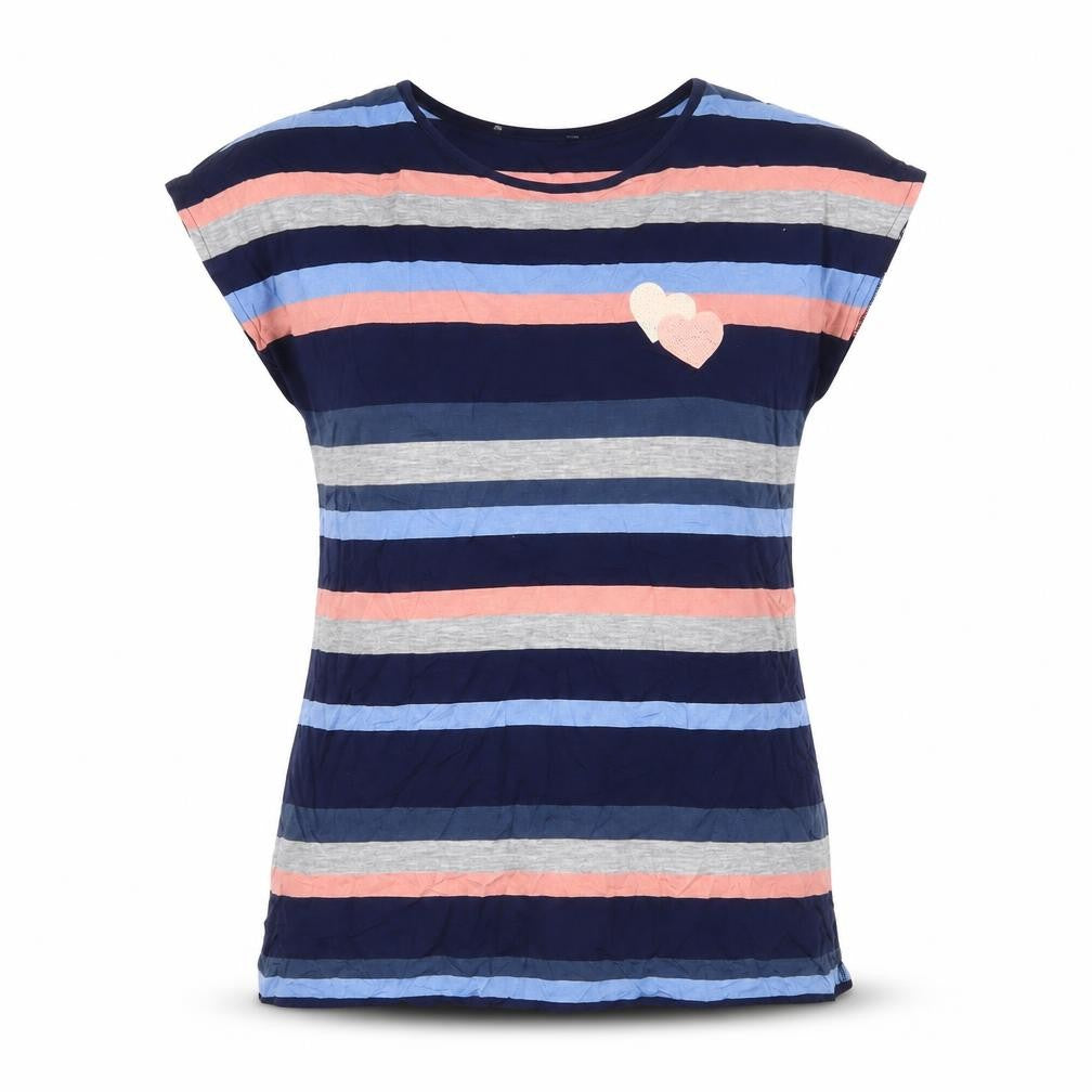 Oasis Womens Multicoloured Striped Viscose Basic T-Shirt Size XS Crew Neck - Embroidered, Hearts