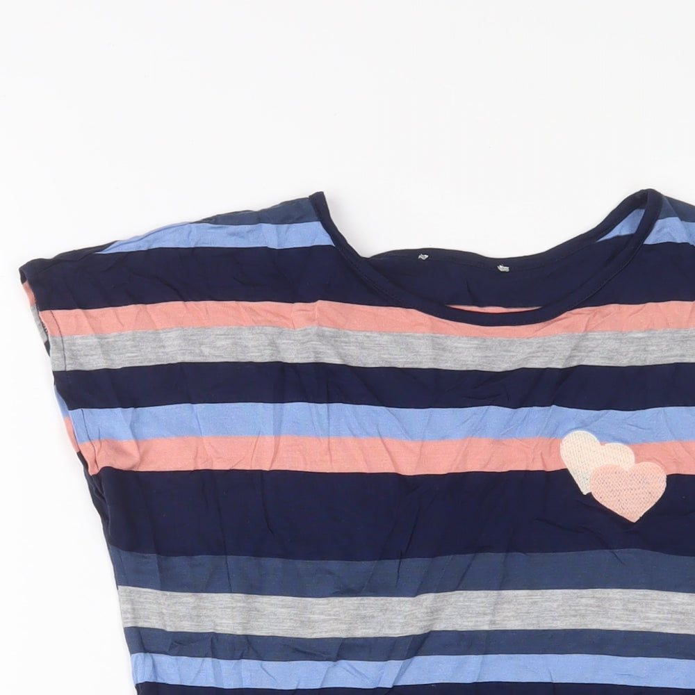 Oasis Womens Multicoloured Striped Viscose Basic T-Shirt Size XS Crew Neck - Embroidered, Hearts