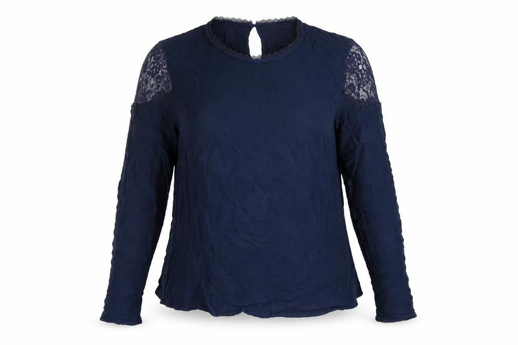 Front view of Marks & Spencer women’s blue viscose basic blouse, size UK 16, crew neck