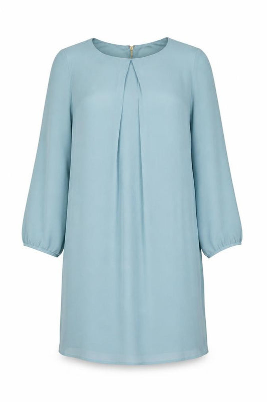 Front view of H&M women’s blue polyester sheath, size UK 12, boat neck zip - pleated