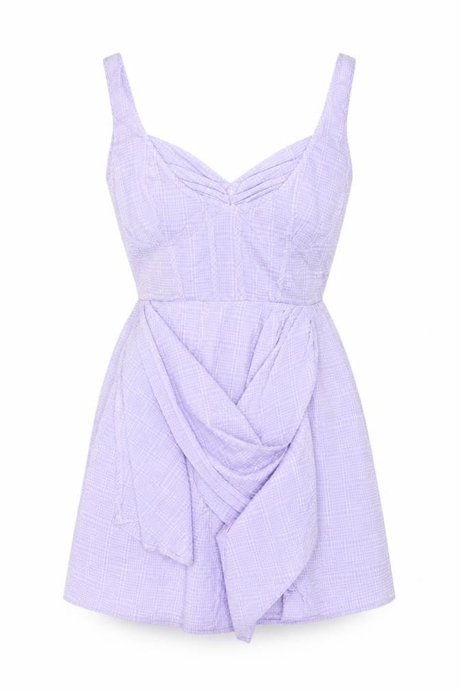 Front view of PRETTYLITTLETHING women’s purple polyester a-line, size UK 14, v-neck zip