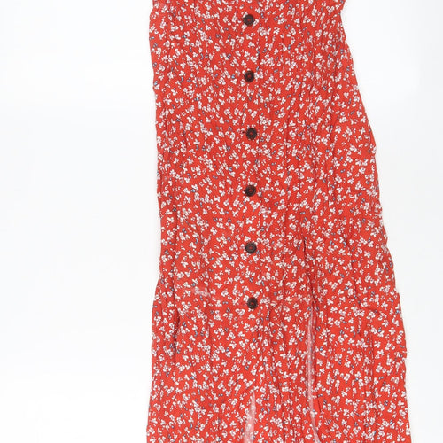 Topshop Womens Red Floral Viscose A-Line Size 8 Square Neck Button - Side slits