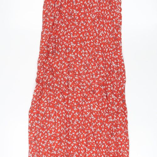 Topshop Womens Red Floral Viscose A-Line Size 8 Square Neck Button - Side slits