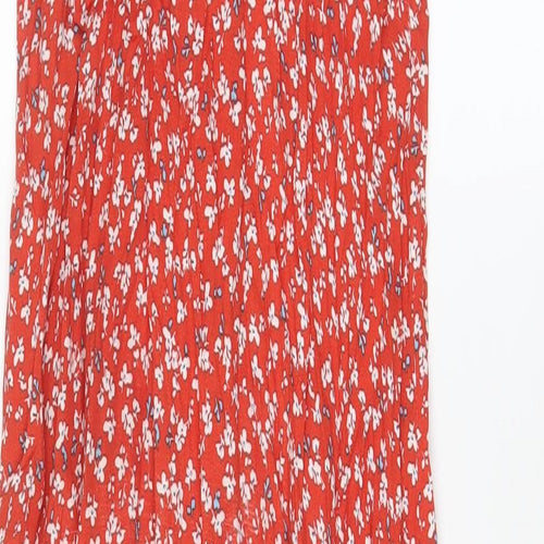 Topshop Womens Red Floral Viscose A-Line Size 8 Square Neck Button - Side slits