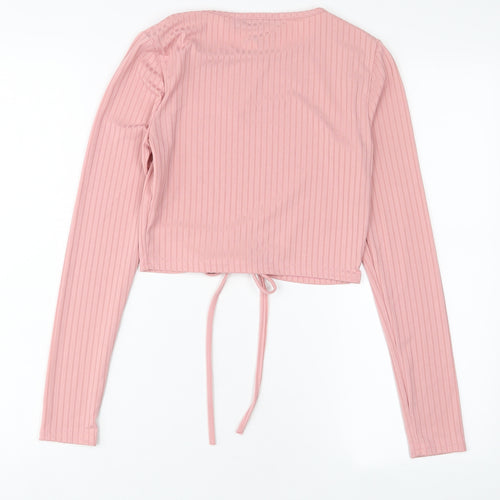 I SAW IT FIRST Womens Pink Polyester Cropped T-Shirt Size 8 Crew Neck