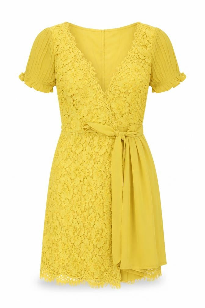 Front view of Little Miss women’s yellow polyester a-line, size UK 6, v-neck tie