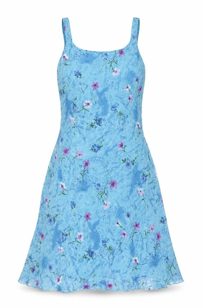 Front view of Adini women’s blue floral polyester a-line, size S, square neck pullover