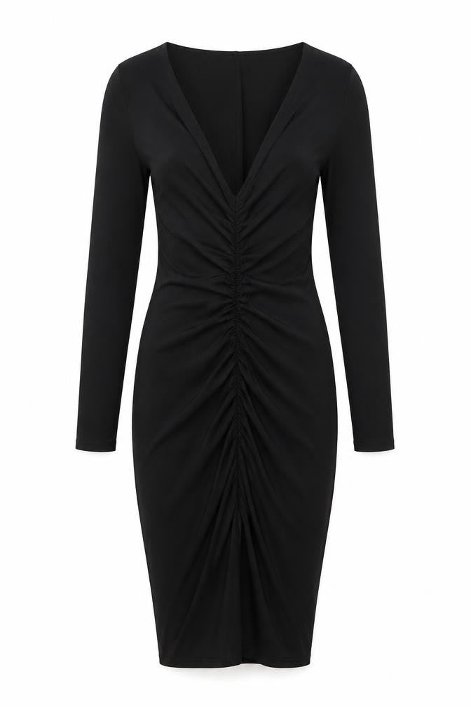 Front view of Boohoo women’s black polyester bodycon, size UK 8, v-neck pullover