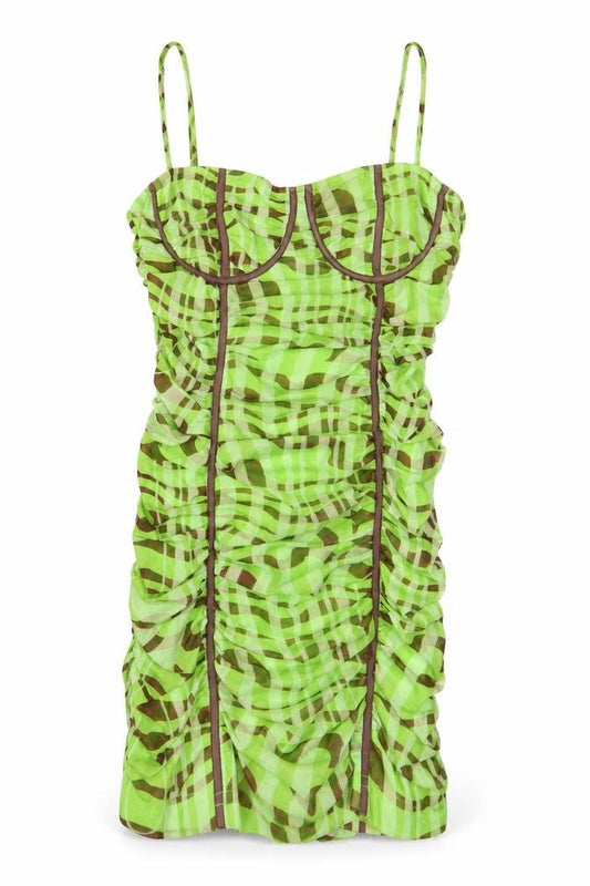 Front view of PRETTYLITTLETHING women’s green geometric polyester a-line, size UK 12, square neck pullover