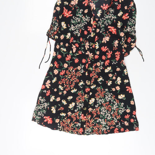 H&M Womens Black Floral Viscose A-Line Size 6 V-Neck Button