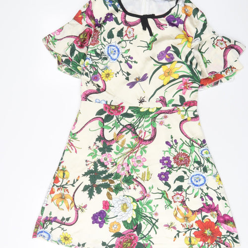 Danity Womens White Floral Polyester A-Line Size L Boat Neck Zip