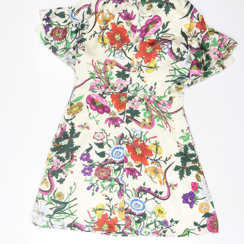 Danity Womens White Floral Polyester A-Line Size L Boat Neck Zip