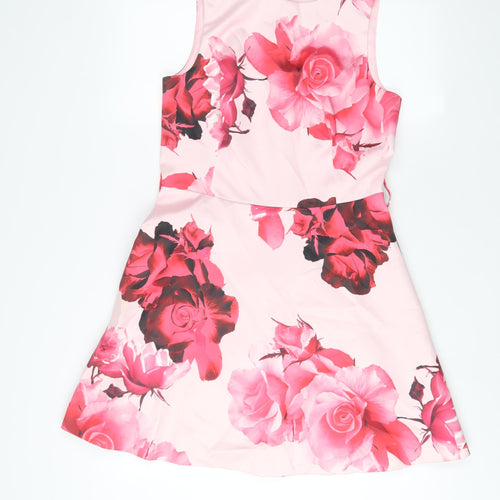 Warehouse Womens Pink Floral Polyester Fit & Flare Size 12 Boat Neck Zip