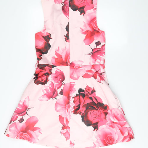 Warehouse Womens Pink Floral Polyester Fit & Flare Size 12 Boat Neck Zip
