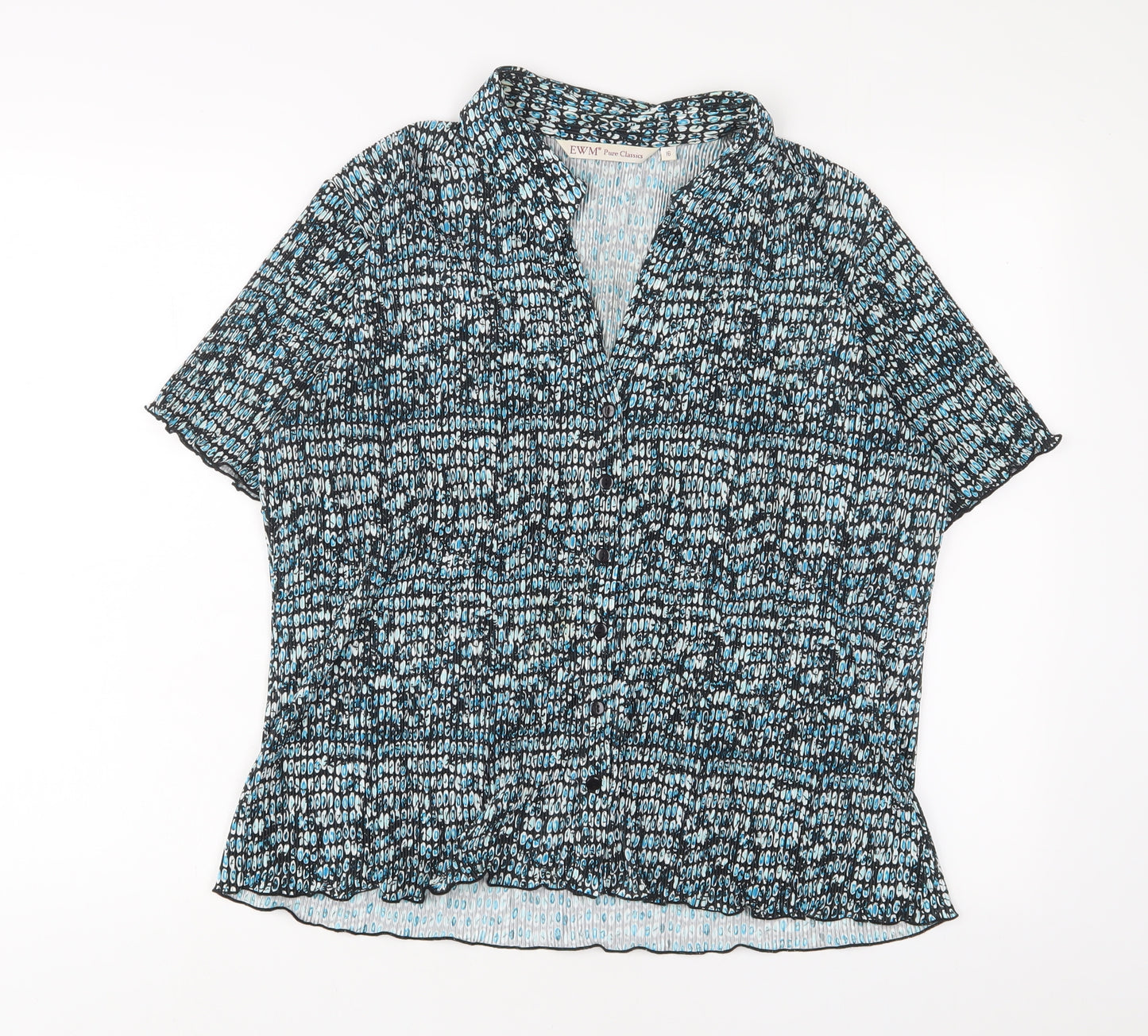 EWM Womens Blue Geometric Polyester Basic Button-Up Size 16 Collared - Pleated