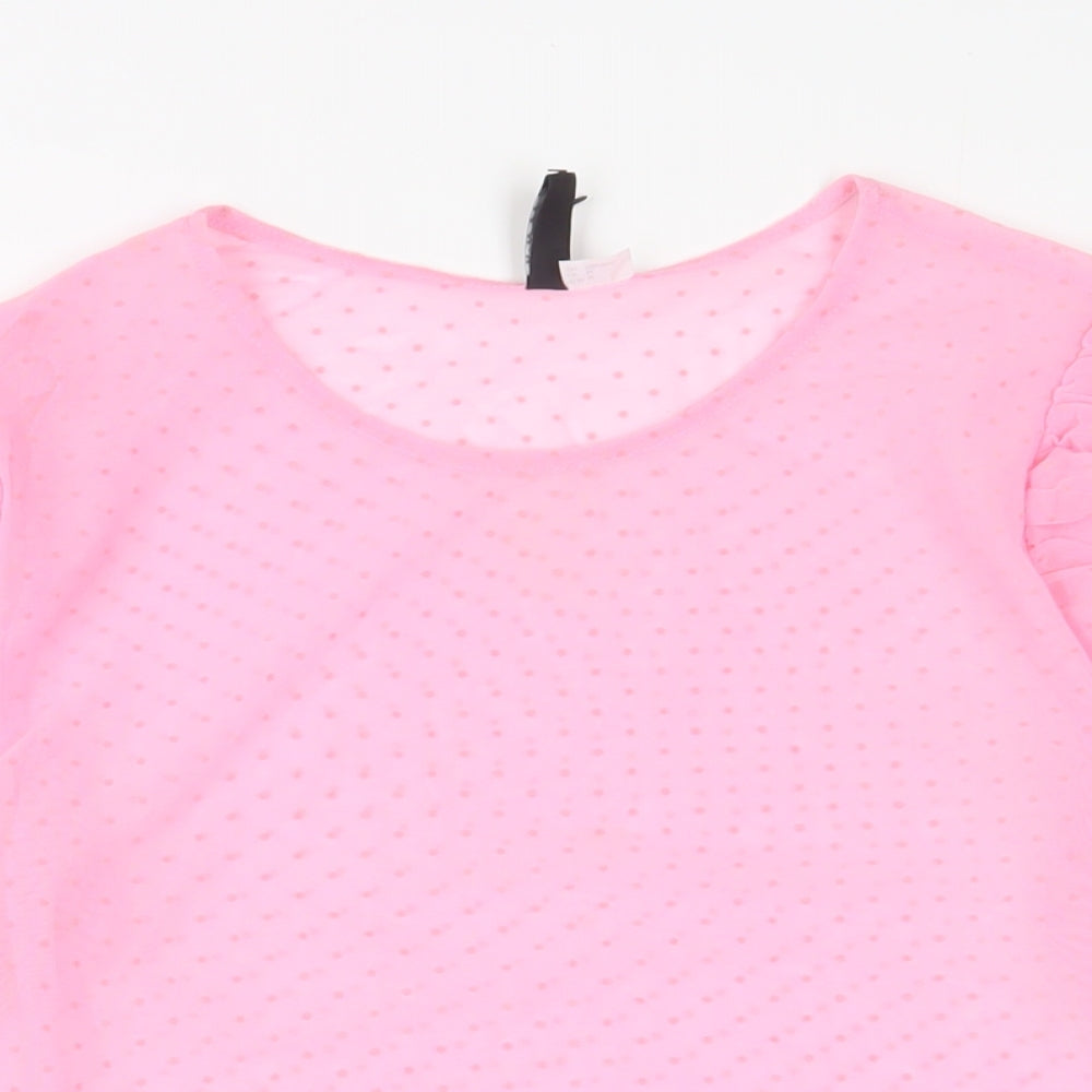 H&M Womens Pink Polka Dot Polyester Basic T-Shirt Size M Crew Neck - Embroidered