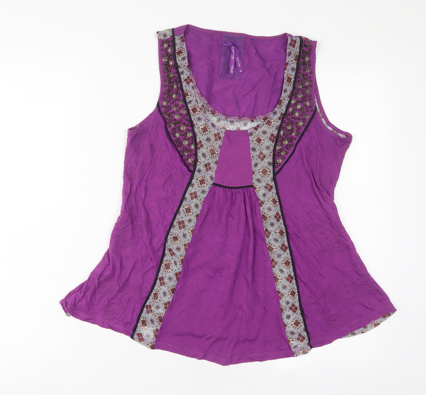 NEXT Womens Purple Geometric Polyester Basic Tank Size 12 Scoop Neck - Beaded