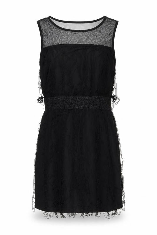 Front view of Izabel London women’s black polyester a-line, size UK 10, boat neck pullover - tassled