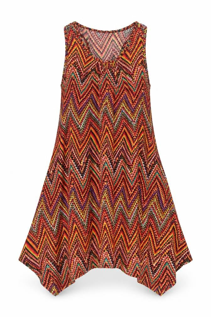 Front view of Indulgence women’s multicoloured geometric polyester a-line, size M, scoop neck pullover