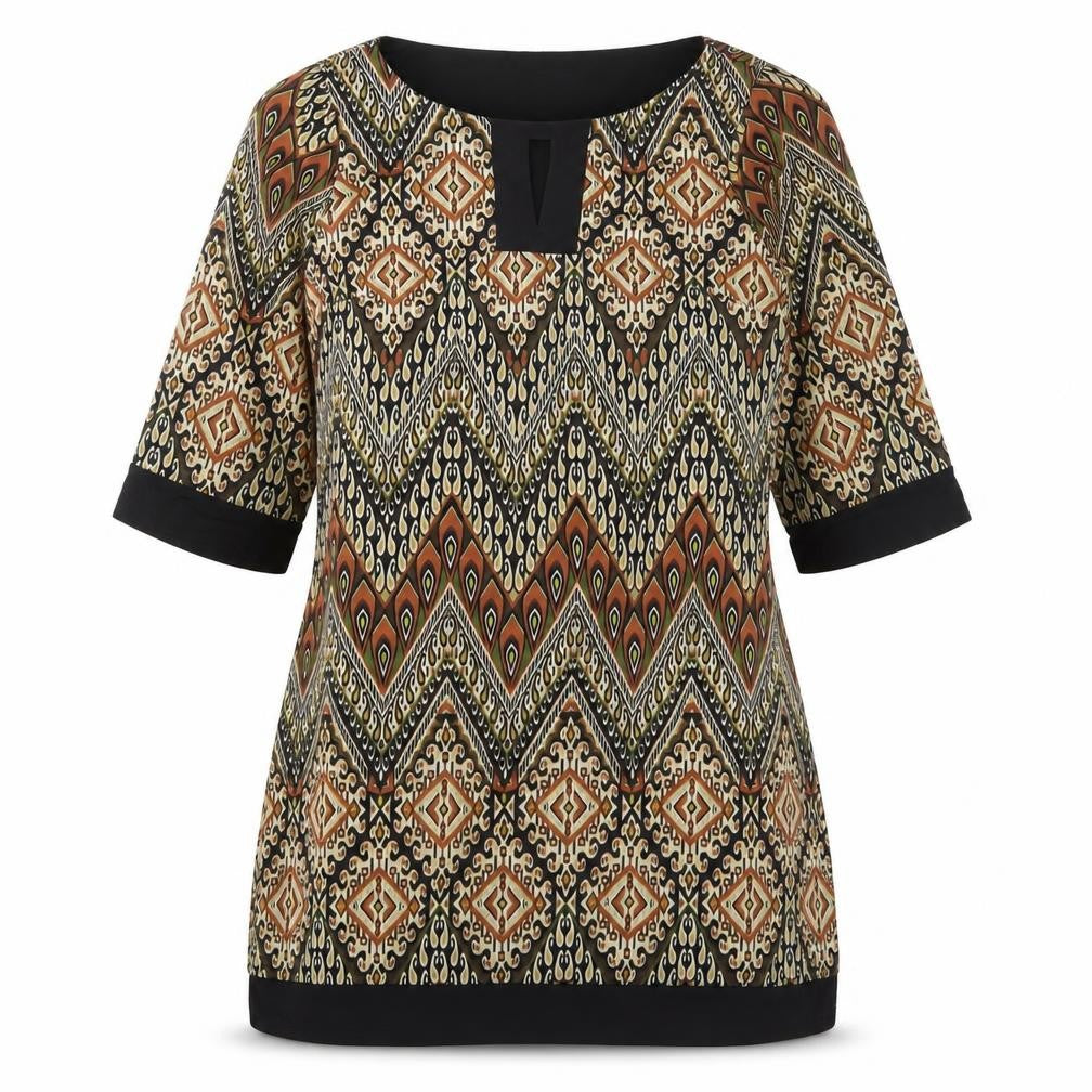 Front view of RMLL women’s brown fair isle polyester sheath, size UK 12, boat neck pullover - keyhole neck