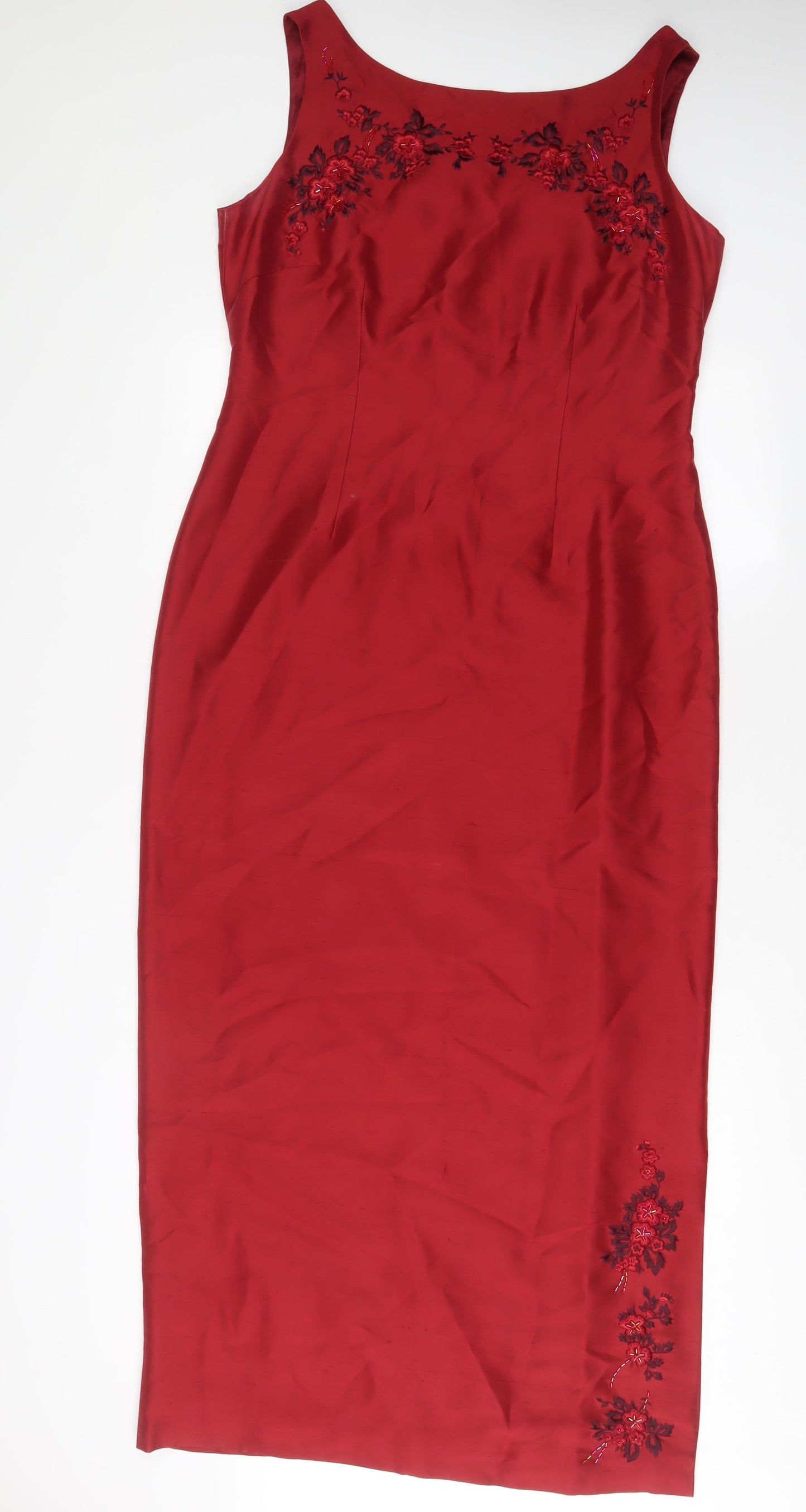 Monsoon Womens Red Silk A-Line Size 14 Boat Neck Zip - Embroidered