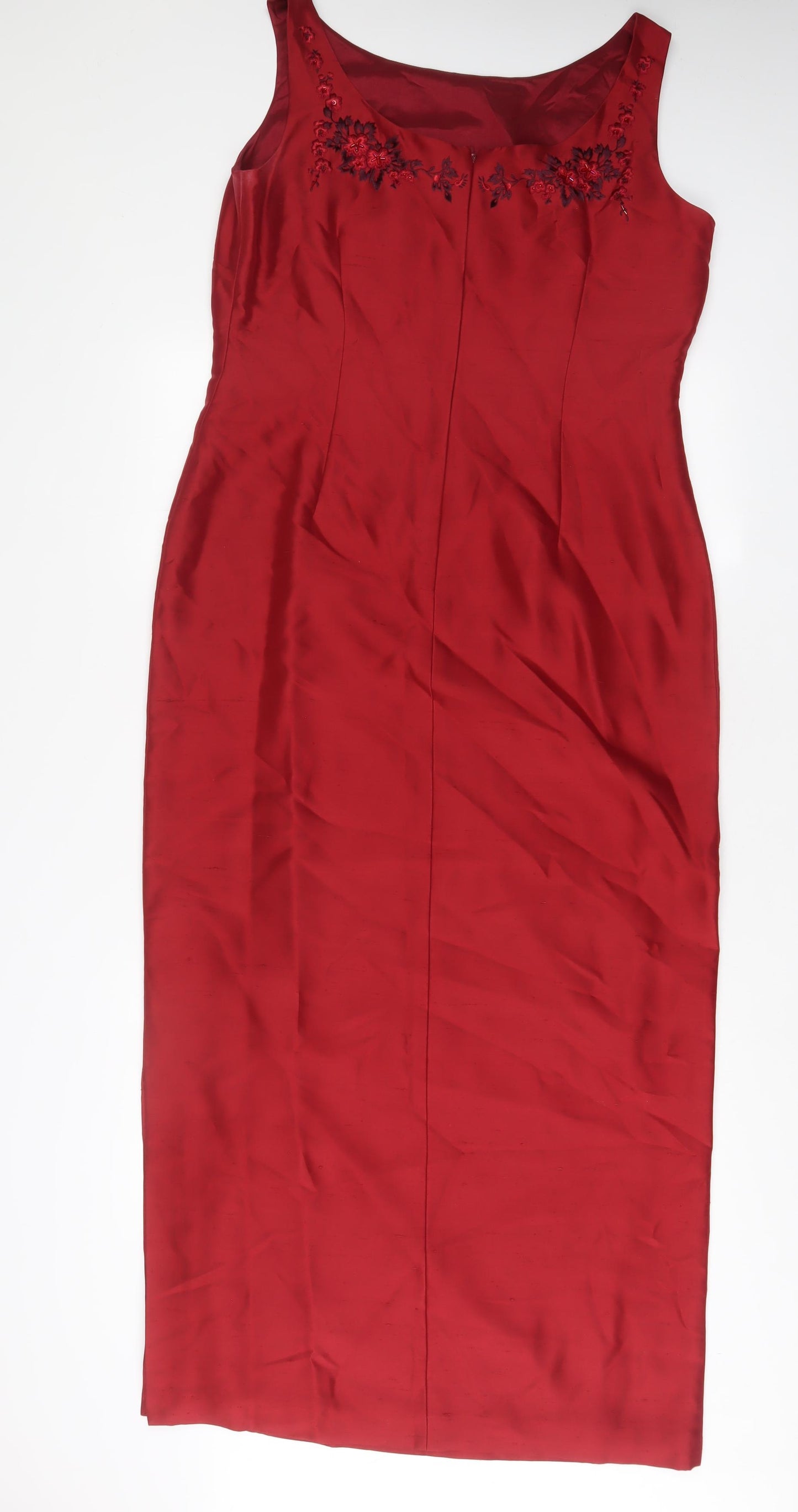 Monsoon Womens Red Silk A-Line Size 14 Boat Neck Zip - Embroidered