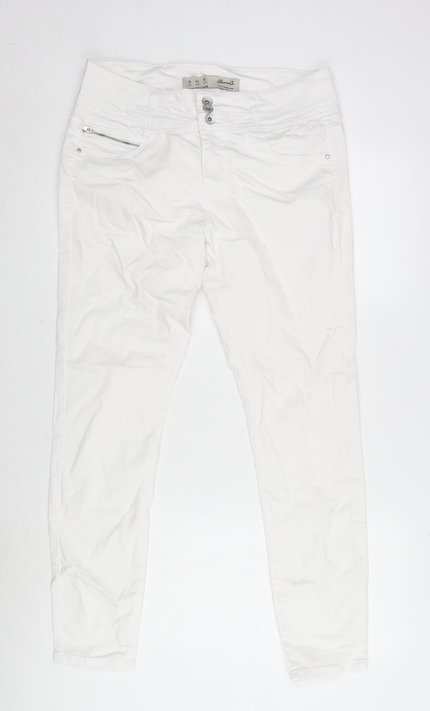Denim & Co. Womens White Cotton Blend Straight Jeans Size 14 L28 in Extra-Slim Zip
