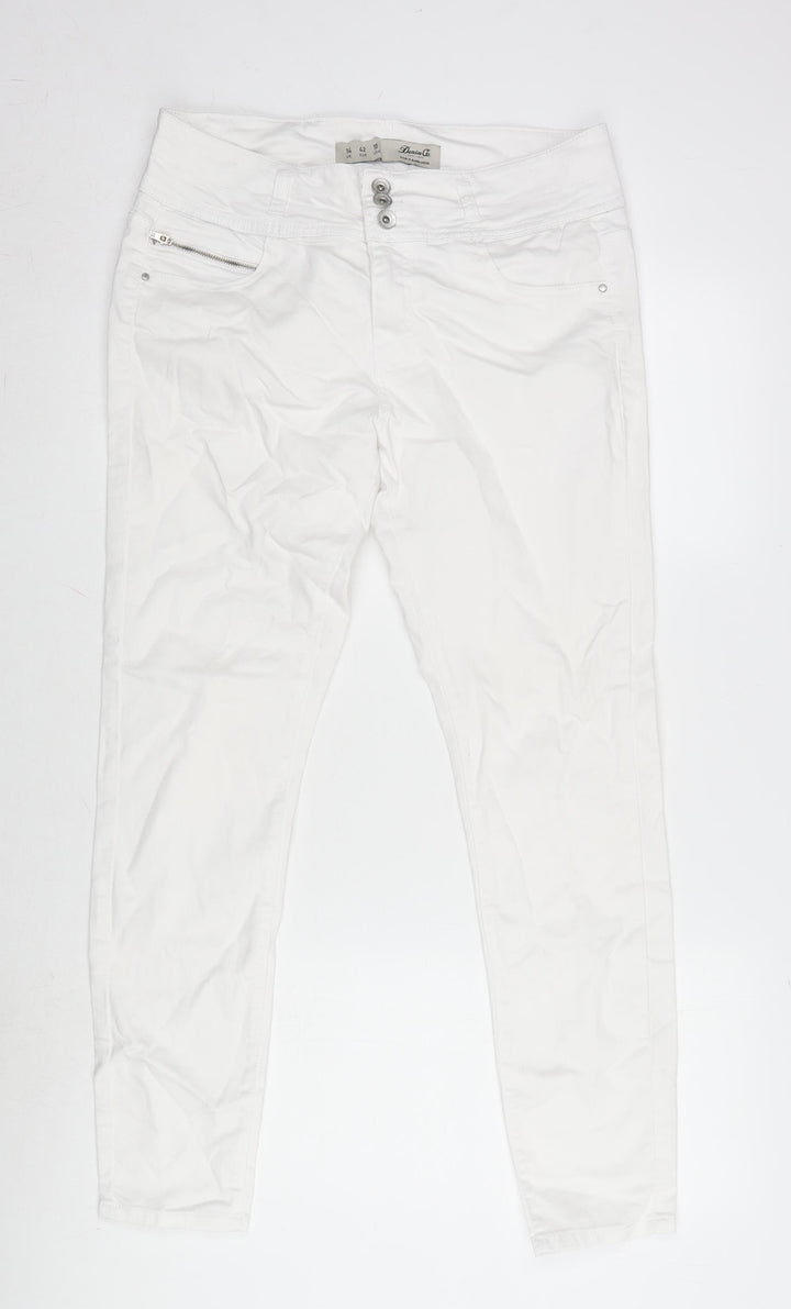 Denim & Co. Womens White Cotton Blend Straight Jeans Size 14 L28 in Extra-Slim Zip