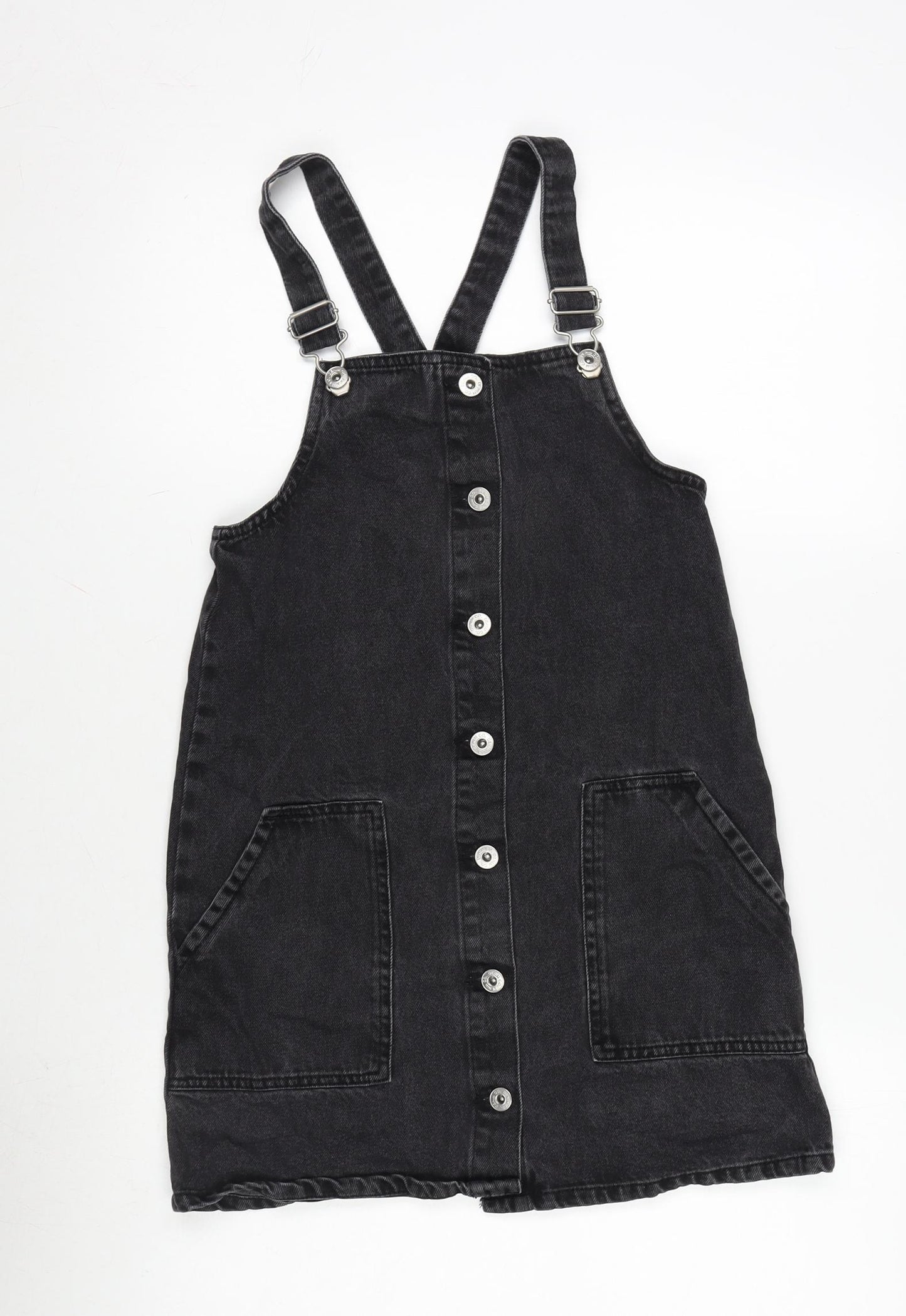 Denim & Co. Girls Grey Cotton Pinafore/Dungaree Dress Size 11-12 Years Square Neck Snap - Adjustable Straps