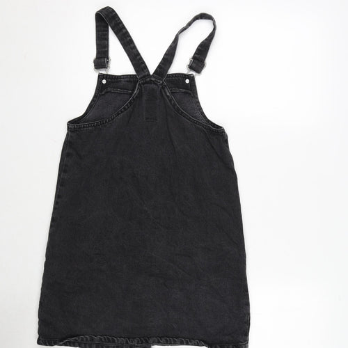 Denim & Co. Girls Grey Cotton Pinafore/Dungaree Dress Size 11-12 Years Square Neck Snap - Adjustable Straps