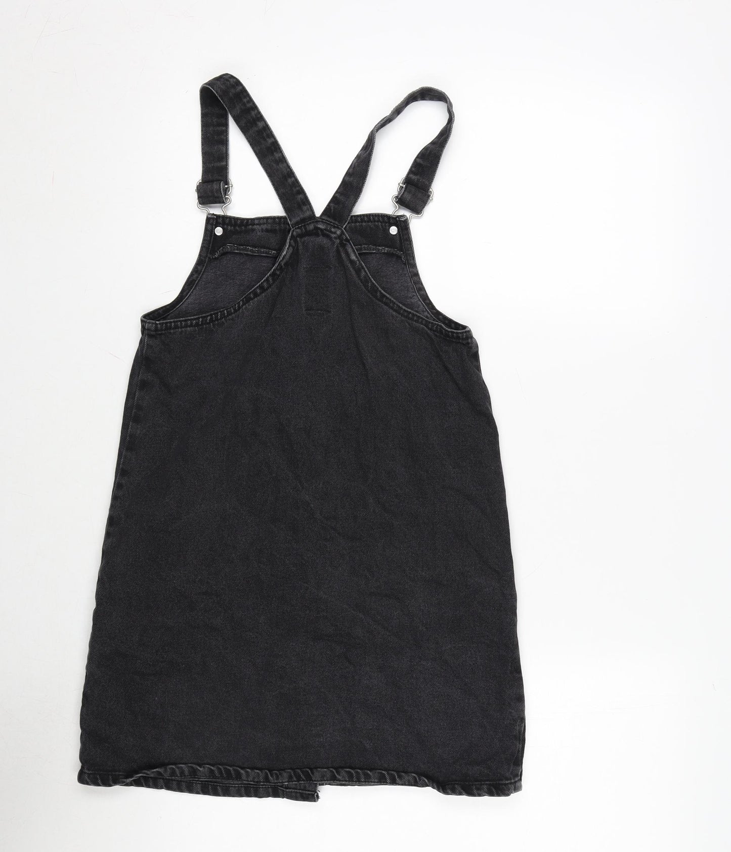 Denim & Co. Girls Grey Cotton Pinafore/Dungaree Dress Size 11-12 Years Square Neck Snap - Adjustable Straps