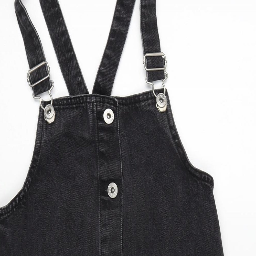 Denim & Co. Girls Grey Cotton Pinafore/Dungaree Dress Size 11-12 Years Square Neck Snap - Adjustable Straps