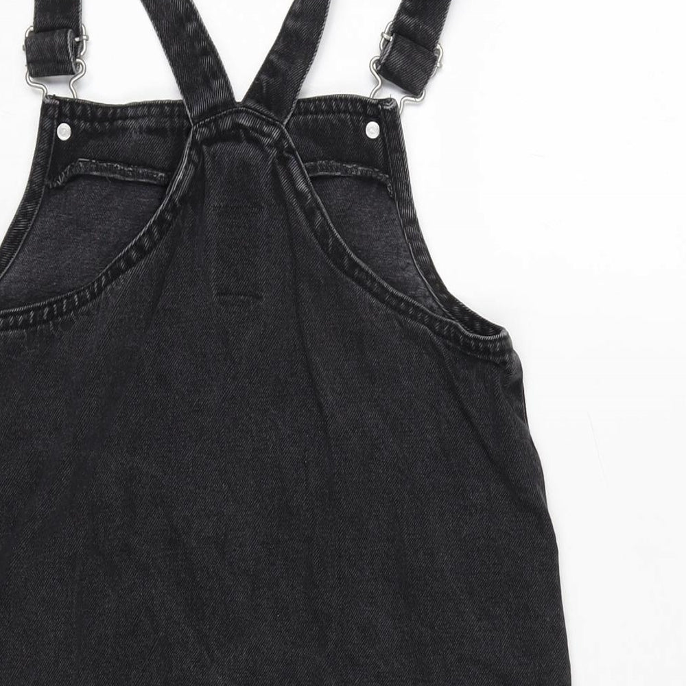 Denim & Co. Girls Grey Cotton Pinafore/Dungaree Dress Size 11-12 Years Square Neck Snap - Adjustable Straps