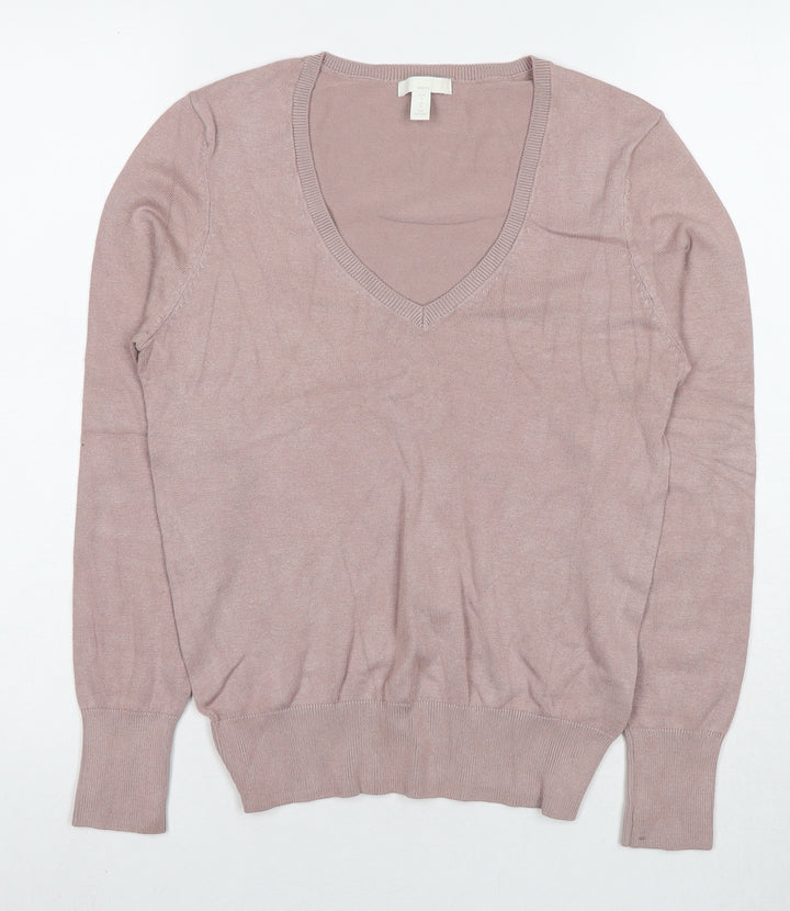 H&M Womens Beige V-Neck Viscose Pullover Jumper Size S