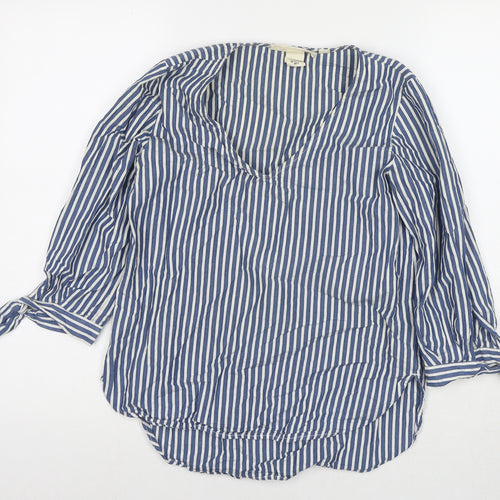 H&M Womens Blue Striped Cotton Basic Blouse Size 6 V-Neck