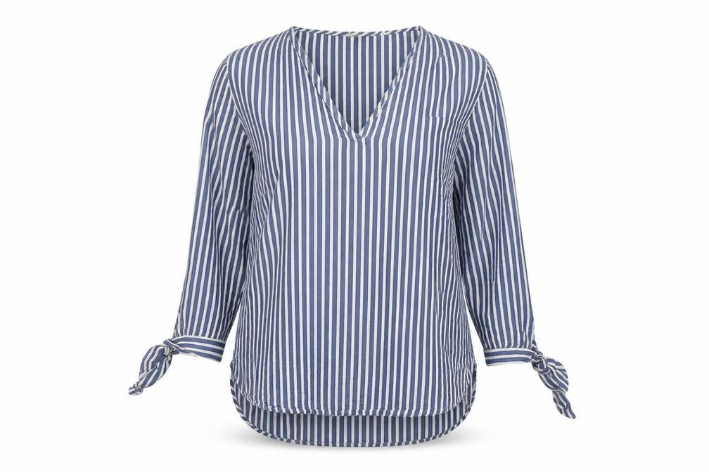 Front view of H&M women’s blue striped cotton basic blouse, size UK 6, v-neck