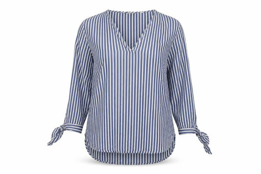 Front view of H&M women’s blue striped cotton basic blouse, size UK 6, v-neck
