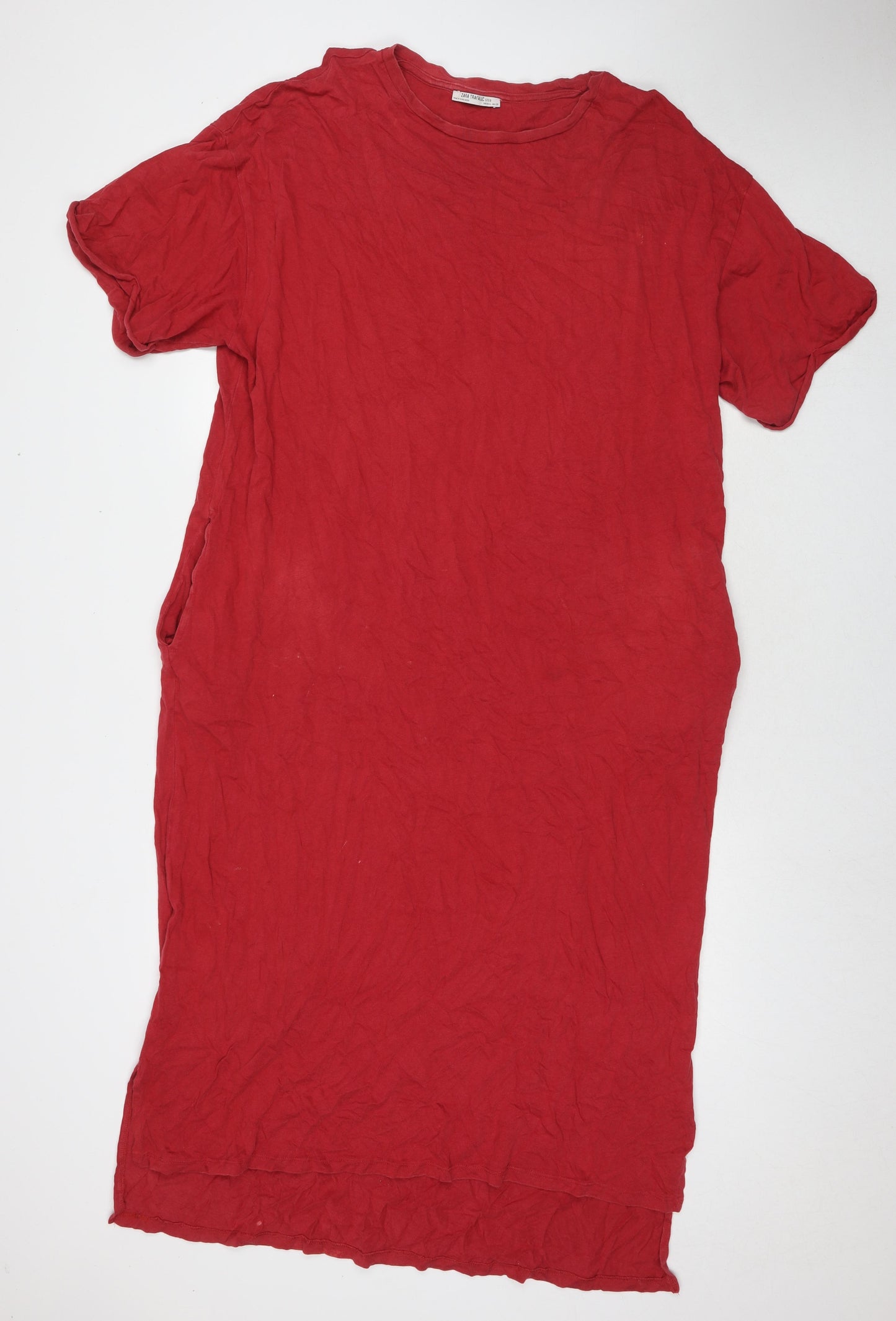 Zara Womens Red Cotton T-Shirt Dress Size L Round Neck Pullover - Pockets