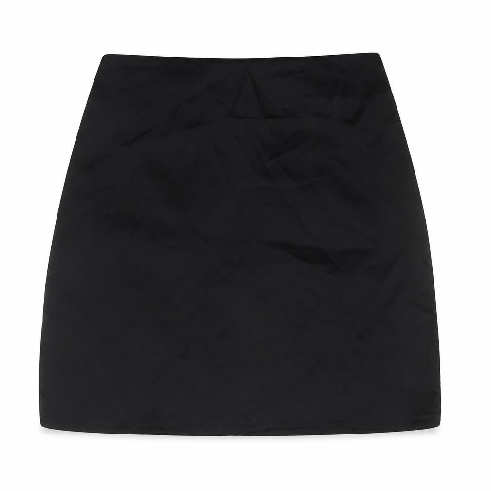 Front view of Missguided women’s black polyester mini skirt, size UK 6, zip