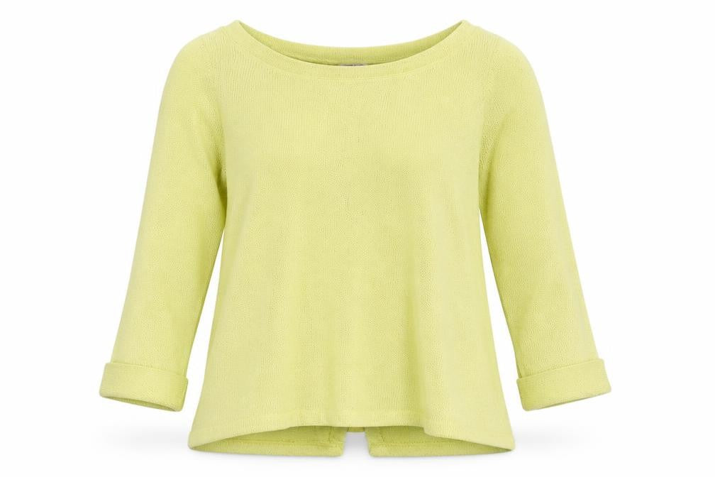 Front view of River Island women’s yellow round neck polyester jumper, size UK 6