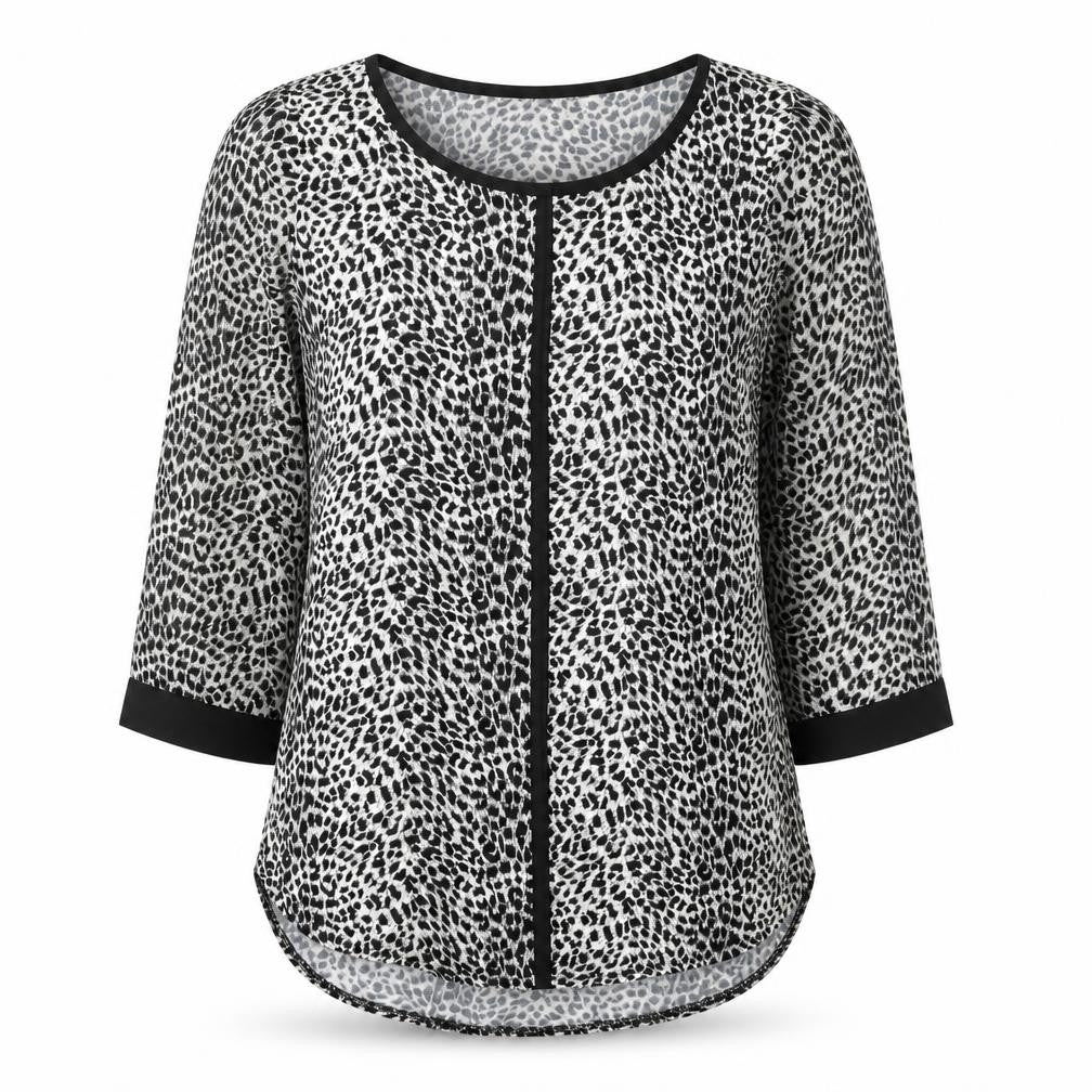 Front view of Oasis women’s grey animal print viscose basic blouse, size XS, round neck