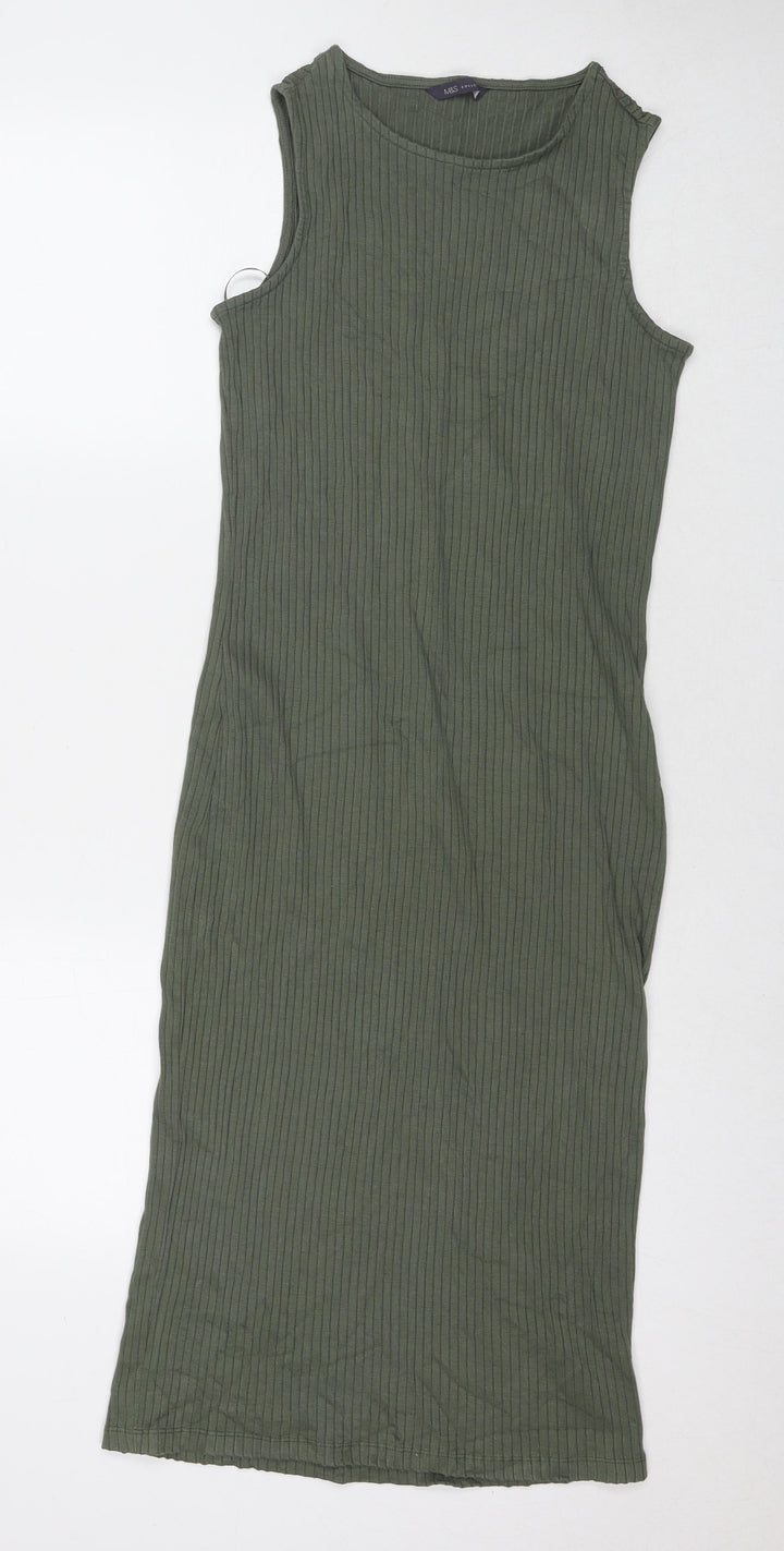Marks and Spencer Womens Green Viscose Tank Dress Size 8 Round Neck Pullover - Ribbed