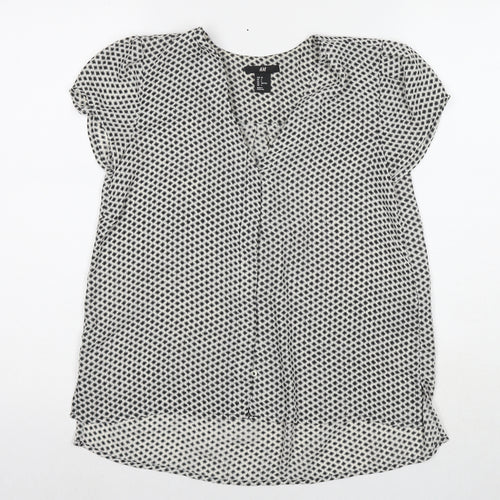 H&M Womens White Geometric Polyester Basic Button-Up Size 4 V-Neck