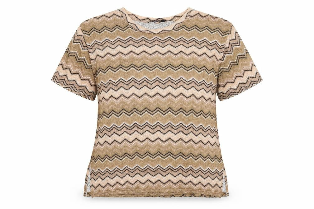 Front view of Stylewise women’s beige geometric polyester basic t-shirt, size UK 14, round neck