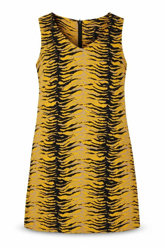 Front view of Wallis women’s yellow animal print polyester tank dress, size UK 12, round neck pullover - tiger print