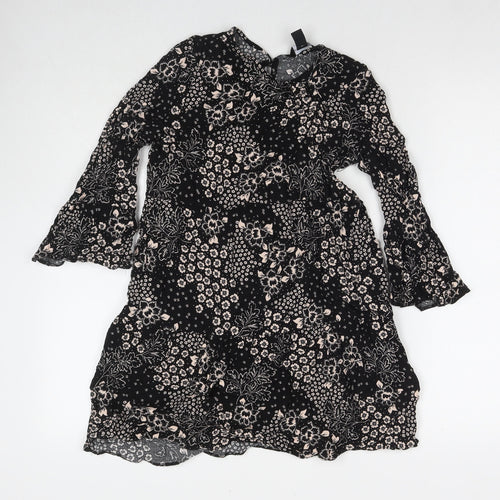 New Look Womens Black Geometric Viscose A-Line Size 8 Round Neck Button